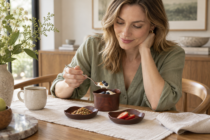 A woman enjoying yogurt and fruit with the Lilac lacquerware set, with cereal and strawberries on shallow plates.