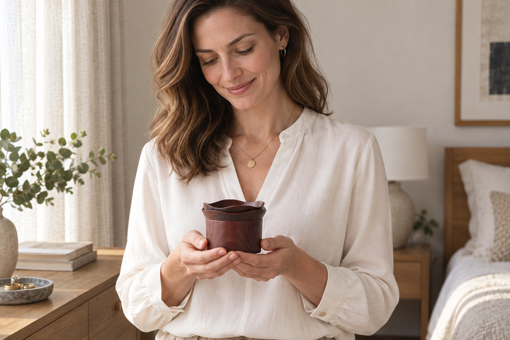 A woman in a pale blouse holding the Lilac lacquerware pieces stacked together near a bedroom console.