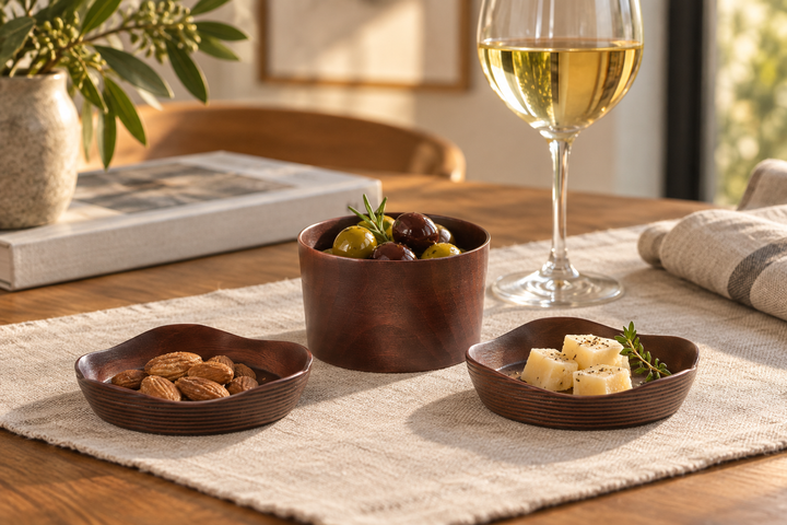 The Lilac set holding olives, almonds, and cheese on a light woven runner beside a wine glass.