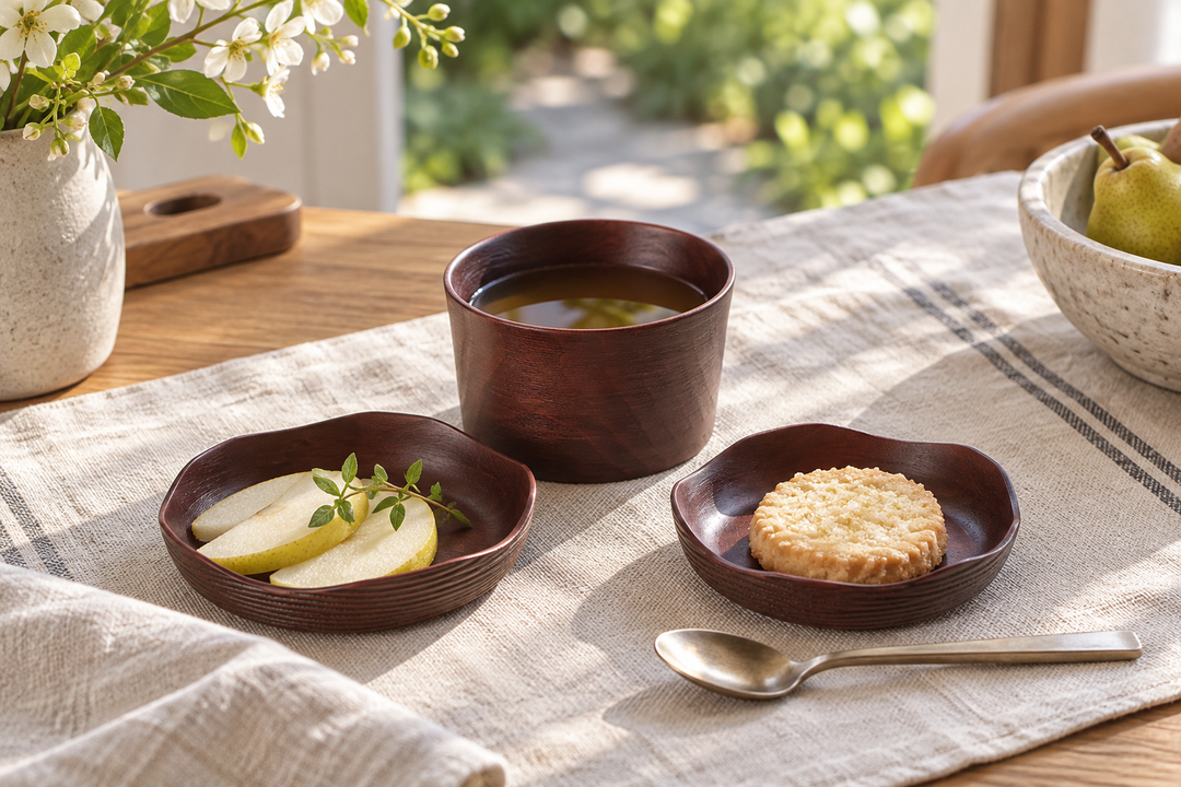 The Lilac vessel containing a drink beside matching plates with pear slices and a biscuit on a woven cloth.