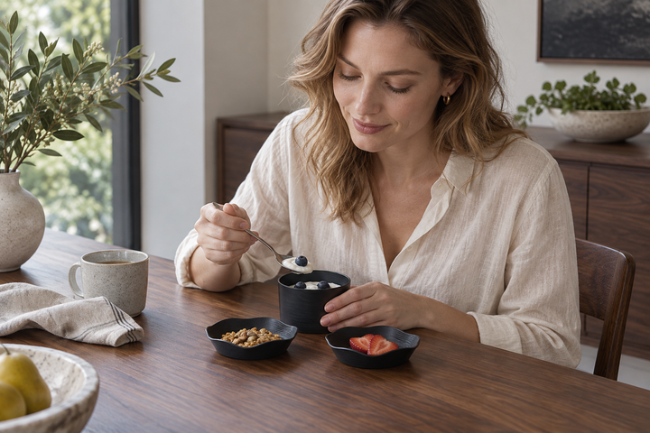A woman eating yogurt and blueberries from the Sesame bowl, with cereal and strawberries on matching shallow plates.