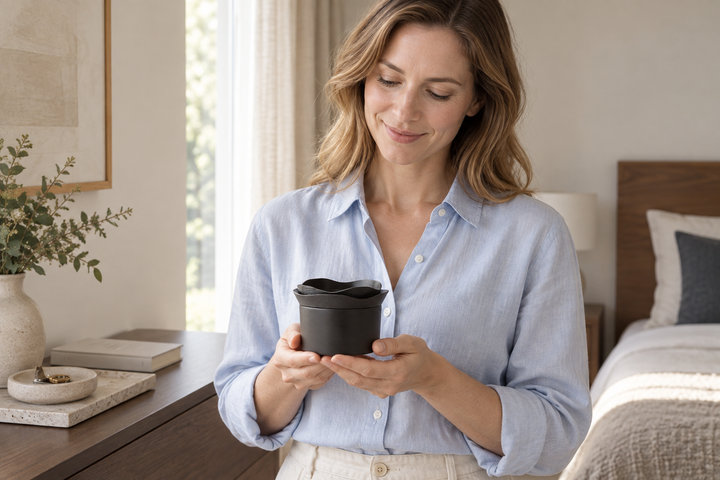 A woman in a pale blue shirt holding the three Sesame lacquerware pieces stacked together in both hands.
