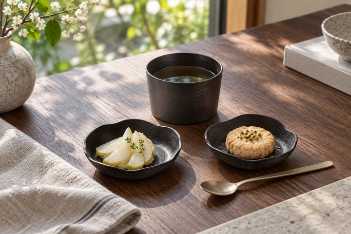 The Sesame vessel containing a drink beside matching plates with sliced pear and a biscuit on a wooden table.
