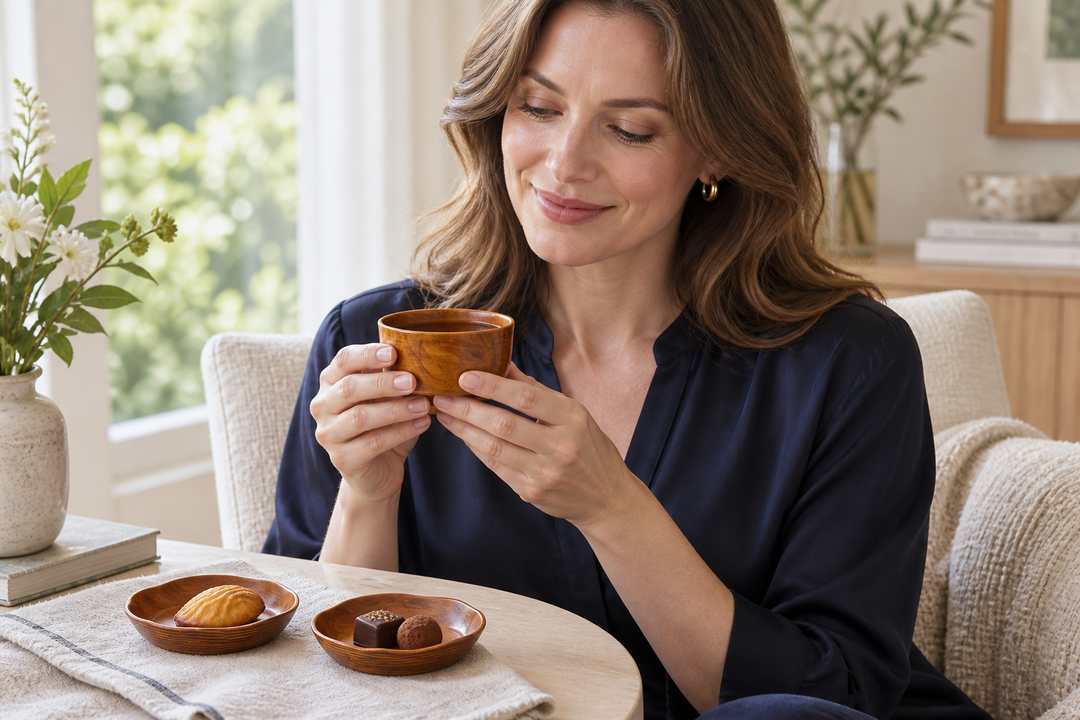A woman in navy holding the Mimosa vessel beside two matching plates with a madeleine and chocolates.
