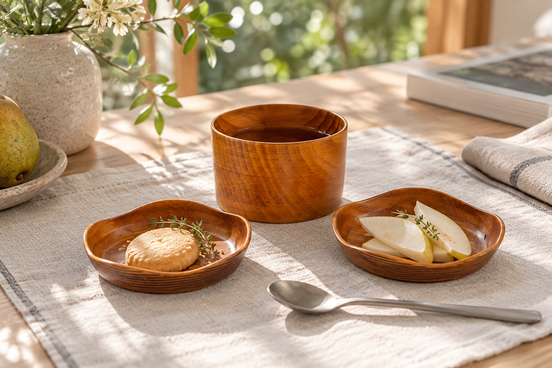 The Mimosa vessel containing a drink beside matching plates with a biscuit and sliced pear on pale linen.