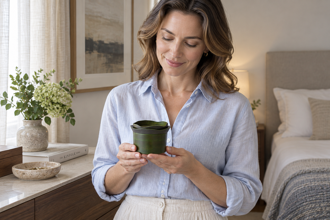 A woman in a pale blue shirt holding the three Olive lacquerware pieces stacked together near a wooden console.