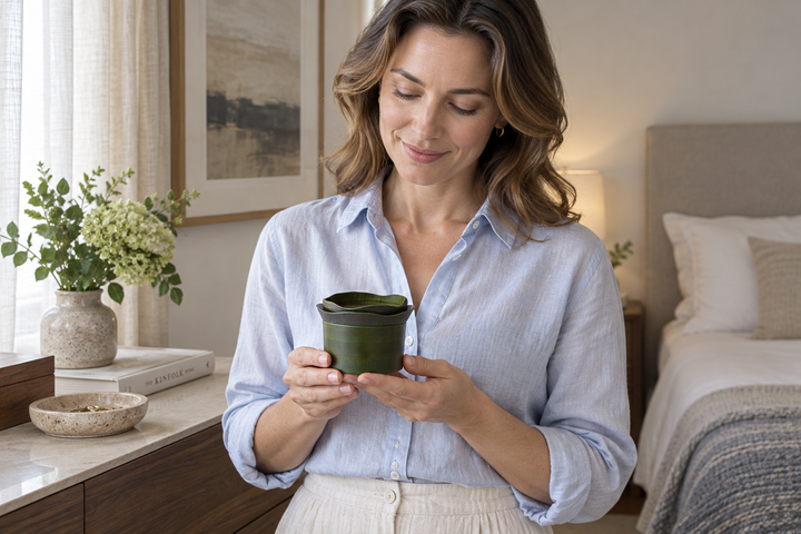 A woman in a pale blue shirt holding the three Olive lacquerware pieces stacked together near a wooden console.