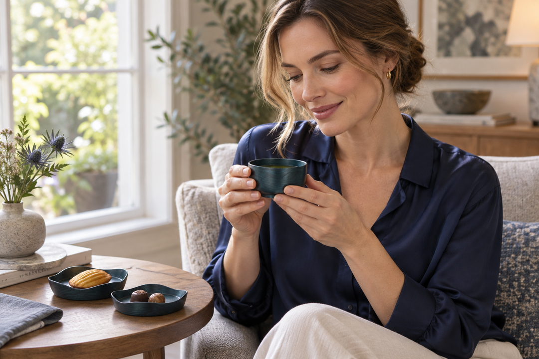 A woman holding the blue Hyacinth vessel beside matching plates with a madeleine and chocolates on a round table.