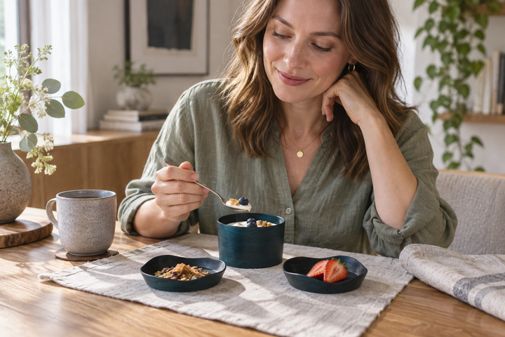 A woman enjoying yogurt and blueberries from the Hyacinth bowl, with cereal and strawberries on matching blue plates.