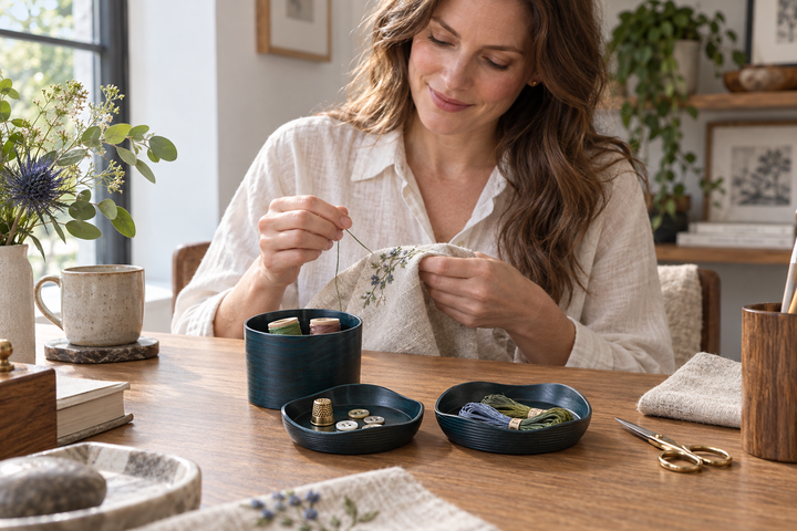 A woman embroidering beside the Hyacinth set holding thread spools, buttons, a thimble, and skeins of thread.