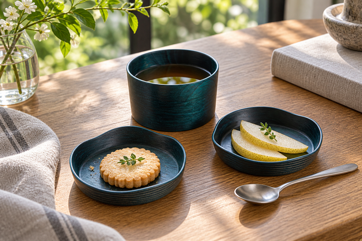 The Hyacinth vessel containing a drink beside matching plates with sliced pear and a biscuit on a wooden table.