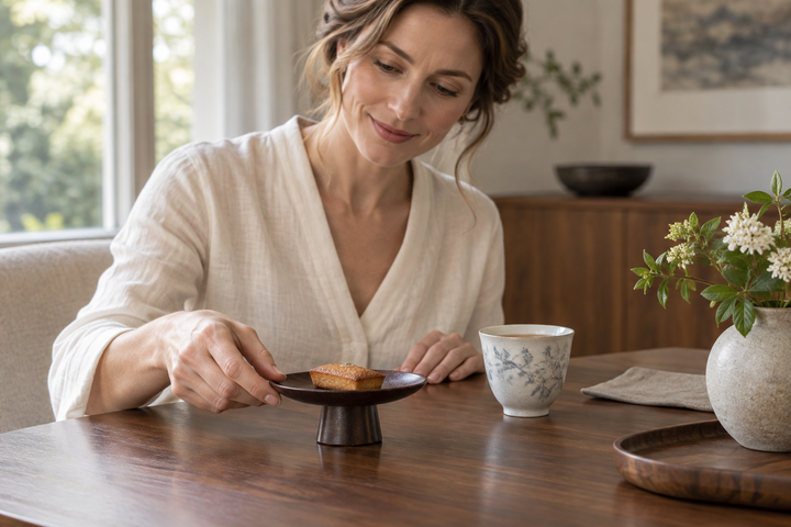 A woman placing the Floating Leaf Lilac pedestal dish with a small cake beside a ceramic cup.