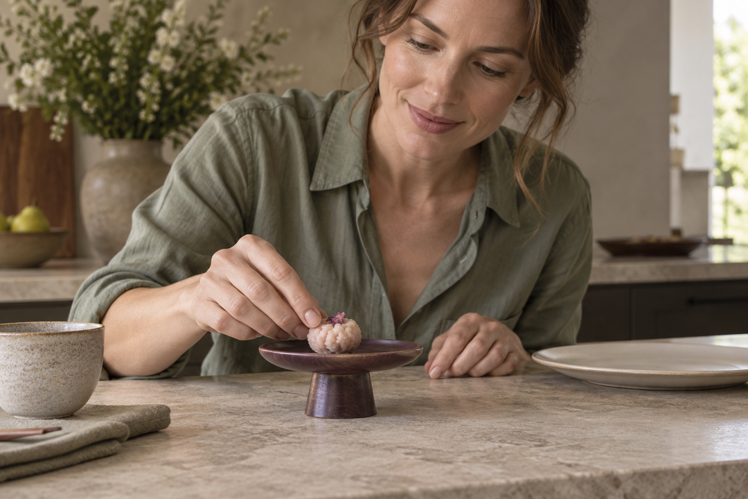 A woman arranging a pale pink confection on Floating Leaf Lilac at a stone table beside a plain plate.