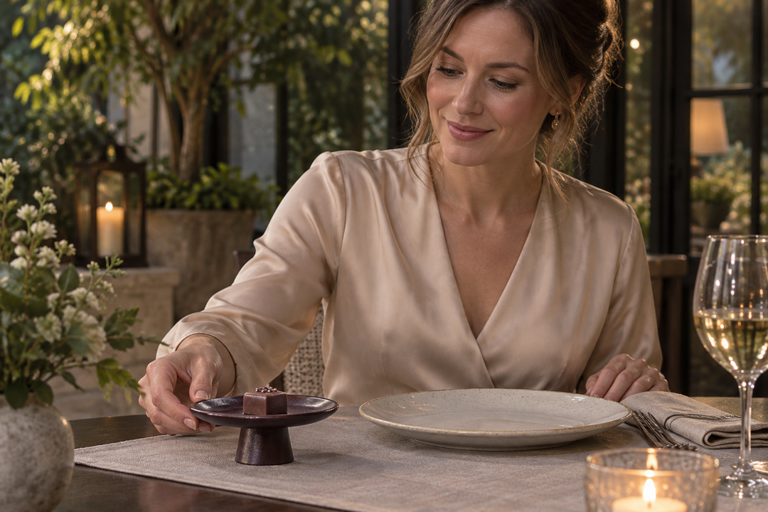 A woman setting Floating Leaf Lilac with a chocolate beside a dinner plate and wine glass at an evening table.