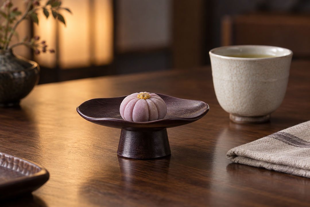 Floating Leaf Lilac holding a pale purple flower shaped sweet beside a ceramic tea cup on a wooden table.