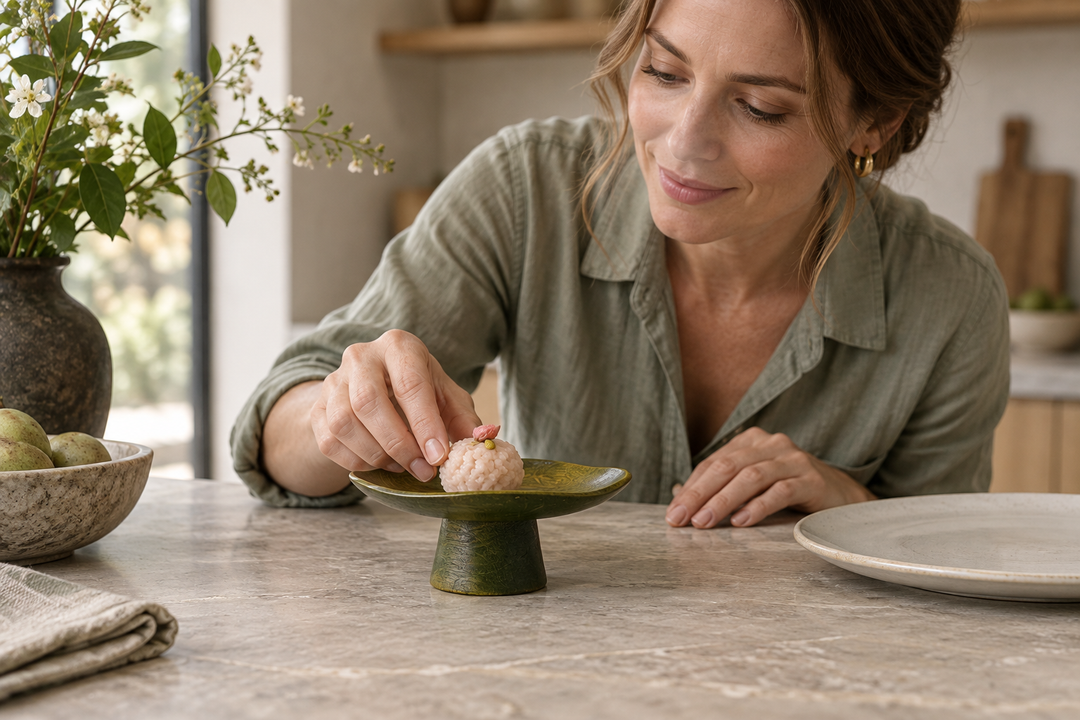 A woman placing a pale pink confection on the green Floating Leaf Olive dish at a stone table.