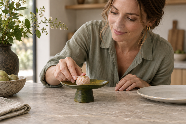 A woman placing a pale pink confection on the green Floating Leaf Olive dish at a stone table.