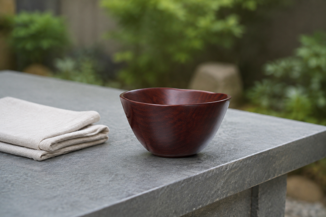The empty RIN Bowl S Lilac on a stable shaded outdoor table during a supervised setting.