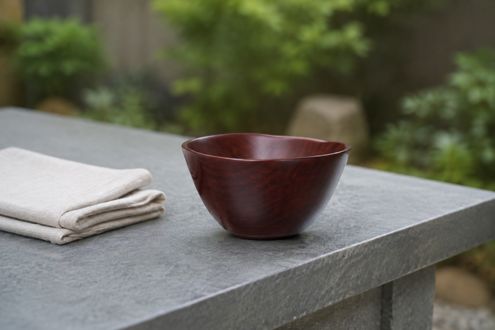 The empty RIN Bowl S Lilac on a stable shaded outdoor table during a supervised setting.