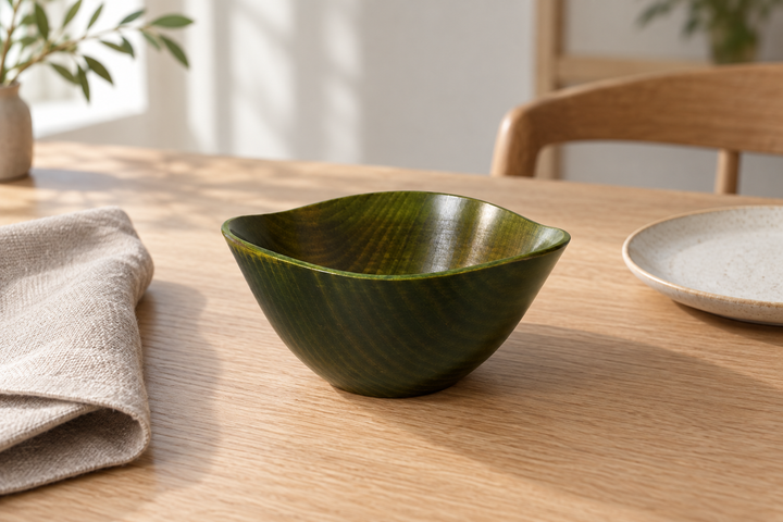 Empty RIN Bowl S Olive at an individual place setting on a pale wood table in soft daylight.