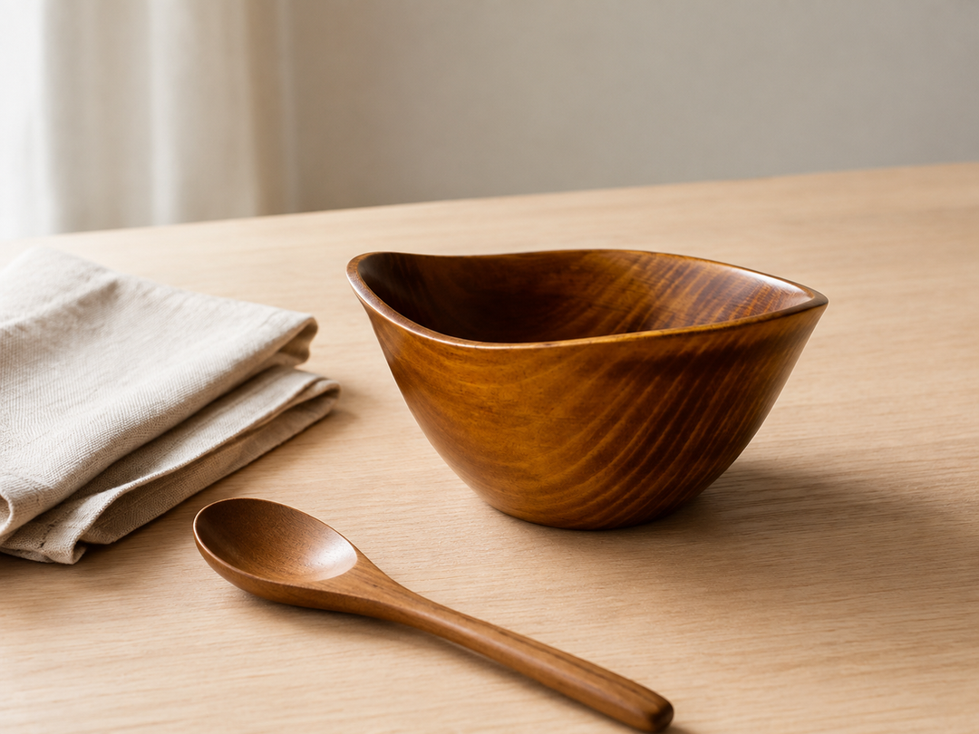 Empty RIN Bowl M Mimosa beside a folded linen napkin and wooden spoon in a quiet room-temperature table setting.
