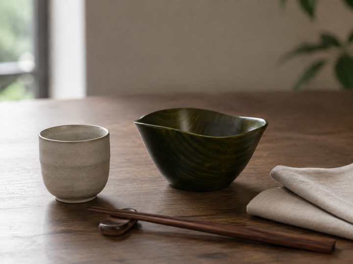 Empty RIN Bowl M Olive in a quiet room-temperature table arrangement with a neutral cup, chopsticks, and folded linen.