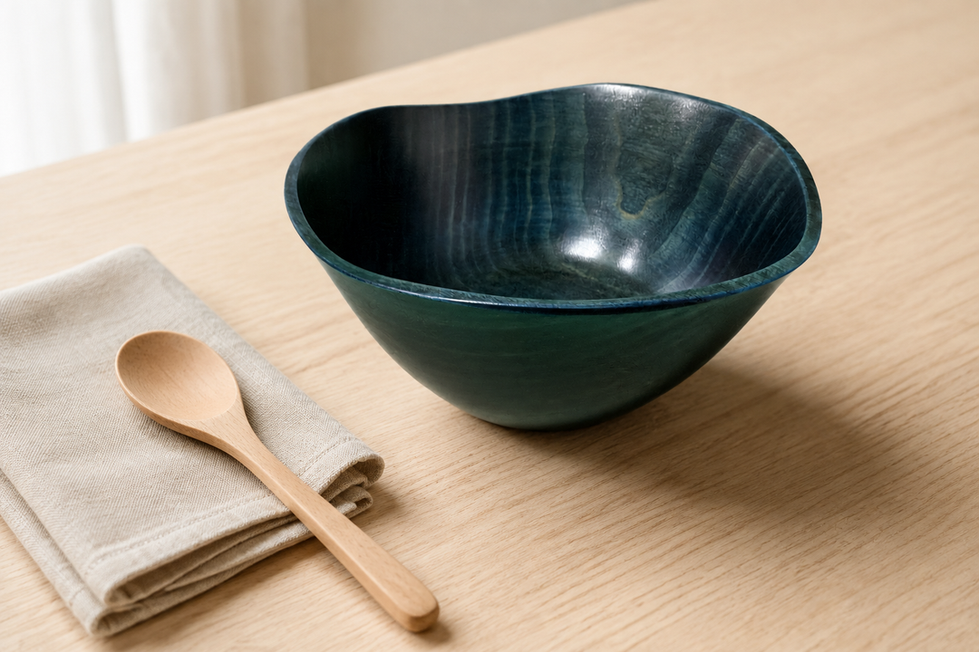 Empty RIN Bowl M Hyacinth beside a folded linen napkin and wooden spoon in a quiet room-temperature table setting.