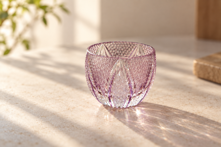 Empty GENEN Gold-Purple Edo Kiriko glass in soft daylight before a pour.