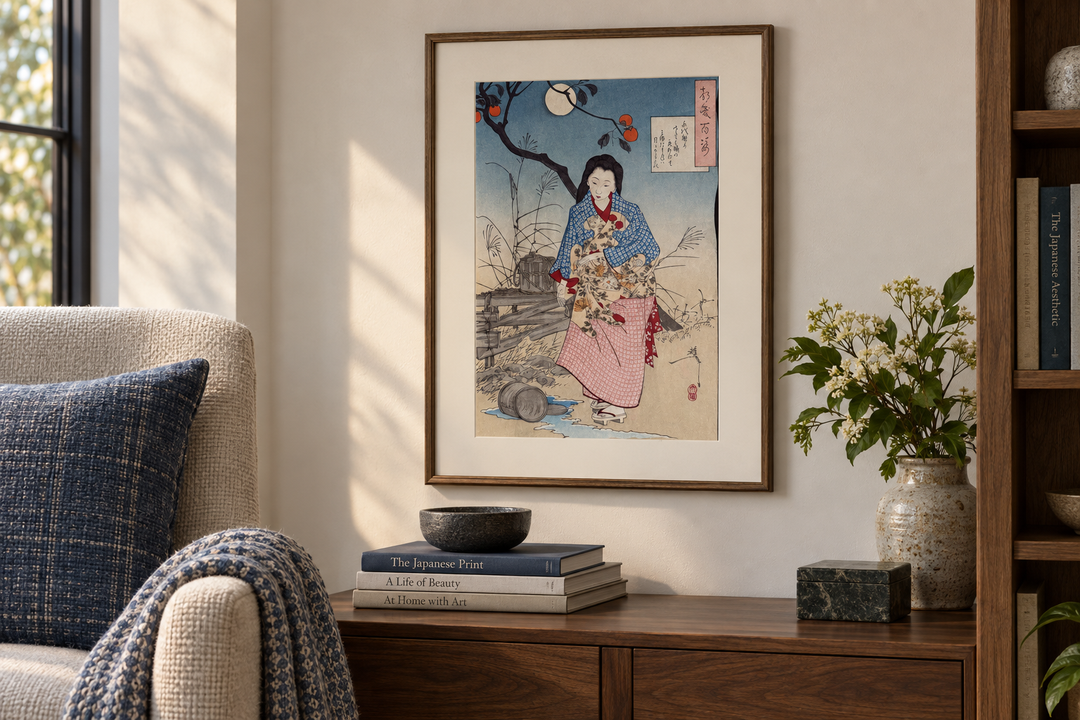 The framed Yoshitoshi print of Chiyono above a wooden cabinet beside books, flowers, and a chair with blue textiles.