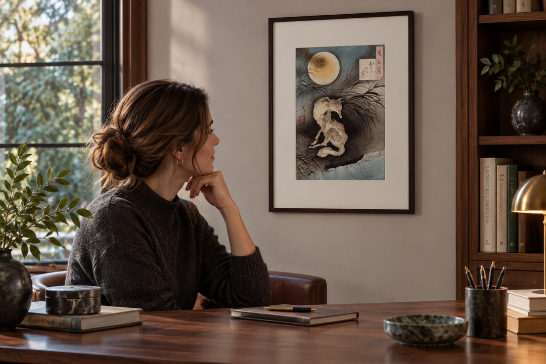 A woman at a wooden writing desk looking at the framed Moon at Musashino Plain print on the wall.