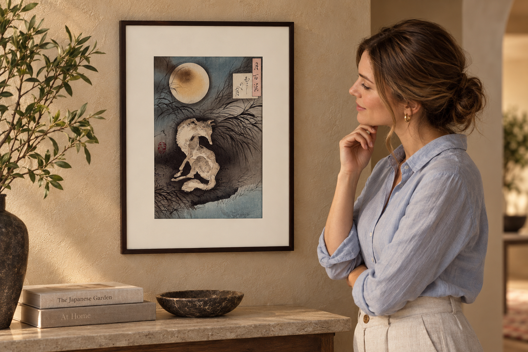 A woman standing beside Moon at Musashino Plain displayed above a stone topped console with books and a bowl.