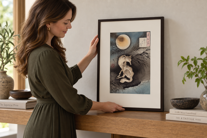 A woman positioning the framed Moon at Musashino Plain print on a wooden console against a pale wall.
