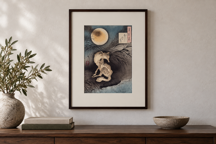 Moon at Musashino Plain displayed above a wooden cabinet with a vase, books, and a shallow bowl against a pale wall.