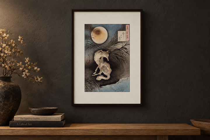 The framed Moon at Musashino Plain print on a dark wall above a console with a vase and books.