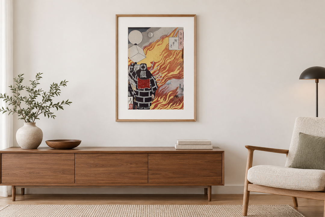 The vertical woodblock print displayed with generous open wall space in a restrained contemporary interior.