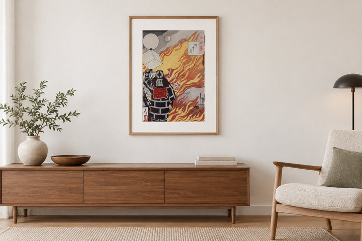 The vertical woodblock print displayed with generous open wall space in a restrained contemporary interior.