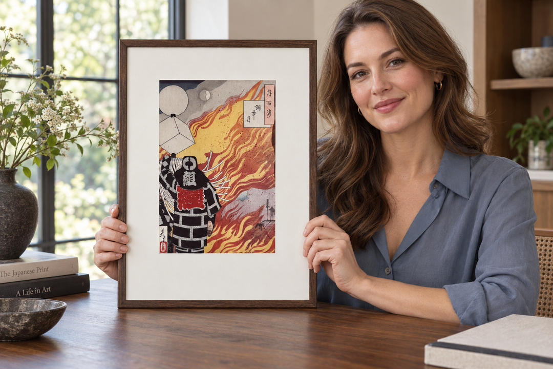 A woman holding the framed Moon Amid Smoke print upright on a wooden table.