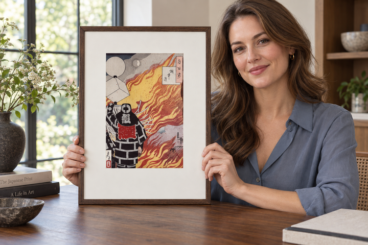 A woman holding the framed Moon Amid Smoke print upright on a wooden table.