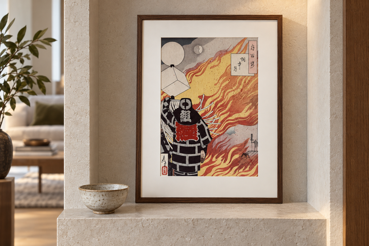 The framed Moon Amid Smoke print displayed in a pale stone recess beside a small ceramic bowl.