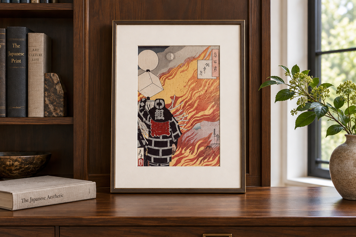 Moon Amid Smoke displayed upright beside a wooden bookcase with art books, a bowl, and a vase.