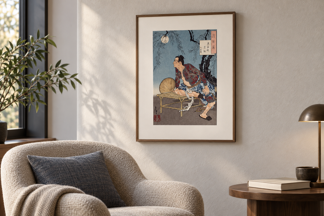 The Edo Mokuhanga print viewed in a quiet reading corner, with the pale moon and willow guiding the composition.