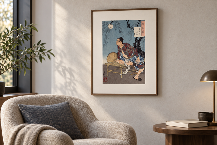 The Edo Mokuhanga print viewed in a quiet reading corner, with the pale moon and willow guiding the composition.