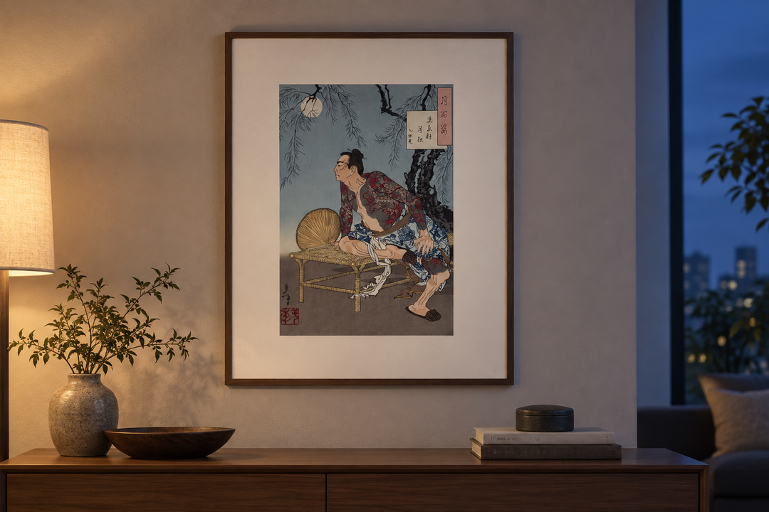 The Edo Mokuhanga print displayed indoors in gentle indirect light as evening settles.