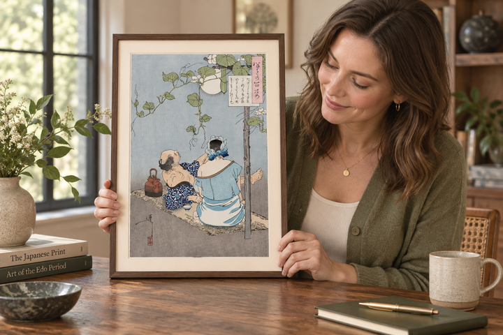 A woman looking closely at the framed Yoshitoshi print of a couple beneath a moonflower trellis on a wooden table.