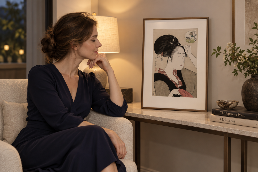 A woman seated beside the framed Suminoe from Shiba print on a stone topped console in an evening interior.
