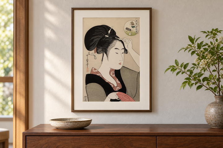 Suminoe from Shiba displayed above a wooden cabinet with a shallow bowl and vase against a pale wall.