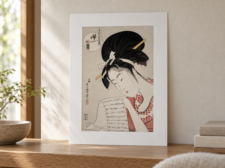 The complete Hanazuma Edo Mokuhanga print viewed in a calm contemporary interior.