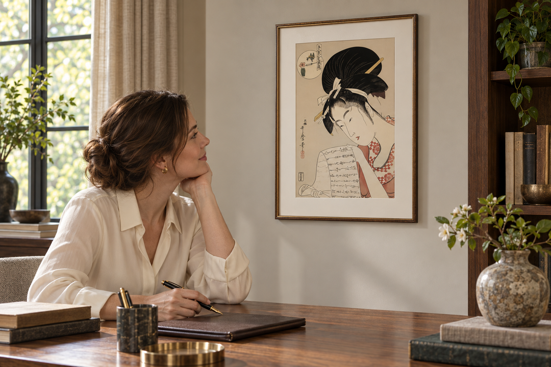 A woman at a writing desk looking toward the framed Hanazuma of the Hyogoya House print on the wall.