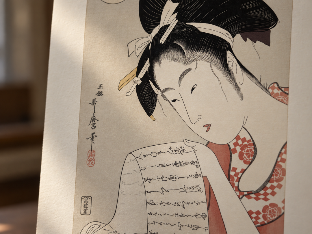 Close viewing of Hanazuma's lowered gaze, hands, and folded letter in the Edo Mokuhanga print.