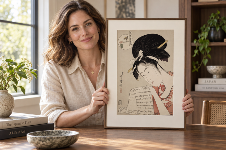 A woman holding the framed Hanazuma of the Hyogoya House print upright on a wooden table.